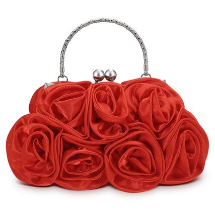 Front. Unique Bargains - Rose Evening Bag Clutch Purse for Women, Satin Evening Purse with 3D Floral Rose for Formal Wedding Party - Red.
