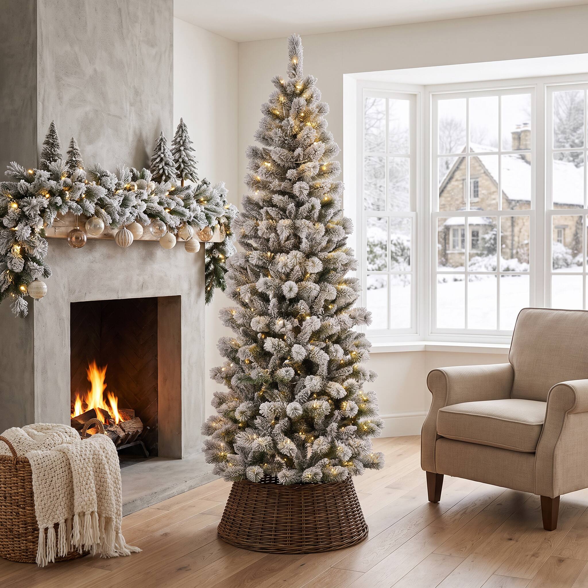 Alt View 9. Glitzhome - 7.5ft Pre-Lit Flocked Pencil Pine Artificial Christmas Pencil Tree with 300 LED Lights - Green.