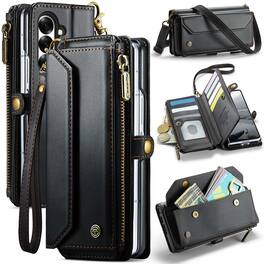 Dteck - Crossbody Wallet Case for Samsung Galaxy Z Fold7 with Card Slots and Zipper Pocket, RFID Blocking PU Leather Cover - Black