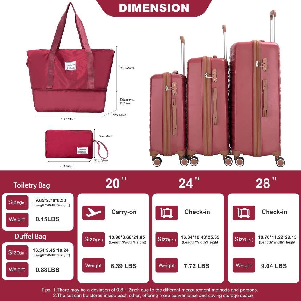 **DIMENSION**

**Toiletty Bag**
- Size (in.): 9.65" x 2.76" x 6.30" (Length x Width x Height)
- Weight: 0.15 LBS

**Duffel Bag**
- Size (in.): 16.54" x 9.45" x 10.24" (Length x Width x Height)
- Weight: 0.88 LBS

**20" Carry-on**
- Size (in.): 13.98" x 8.66" x 21.85" (Length x Width x Height)
- Weight: 6.39 LBS

**24" Check-in**
- Size (in.): 16.34" x 10.43" x 25.39" (Length x Width x Height)
- Weight: 7.72 LBS

**28" Check-in**
- Size (in.): 18.70" x 11.22" x 29.13" (Length x Width x Height)
