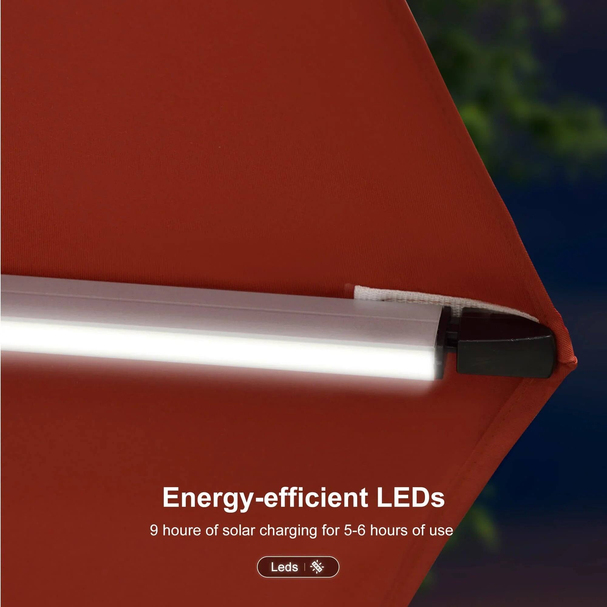 Energy-efficient LEDs  
9 hours of solar charging for 5-6 hours of use  
Leds