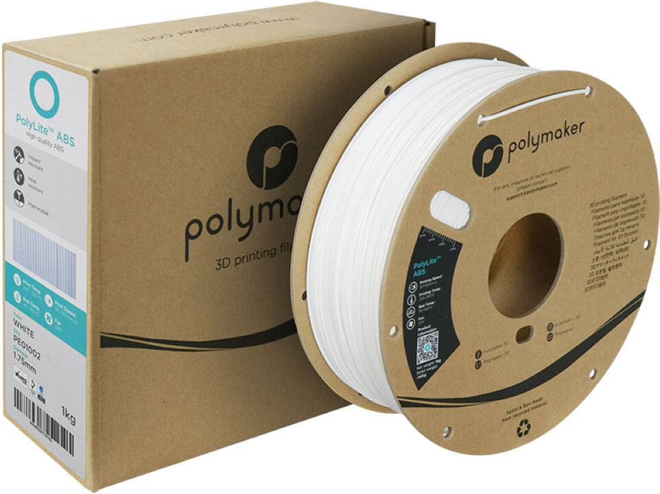 PolyLite ABS 3D printing filament is a high-quality, 1.75mm diameter, 1kg spool of white ABS material. It is designed for use with 3D printers and is suitable for a variety of applications. The spool is made of durable materials and features a convenient center hole for easy winding and unwinding. The filament is compatible with a range of 3D printing technologies, including FDM and FFF printers.