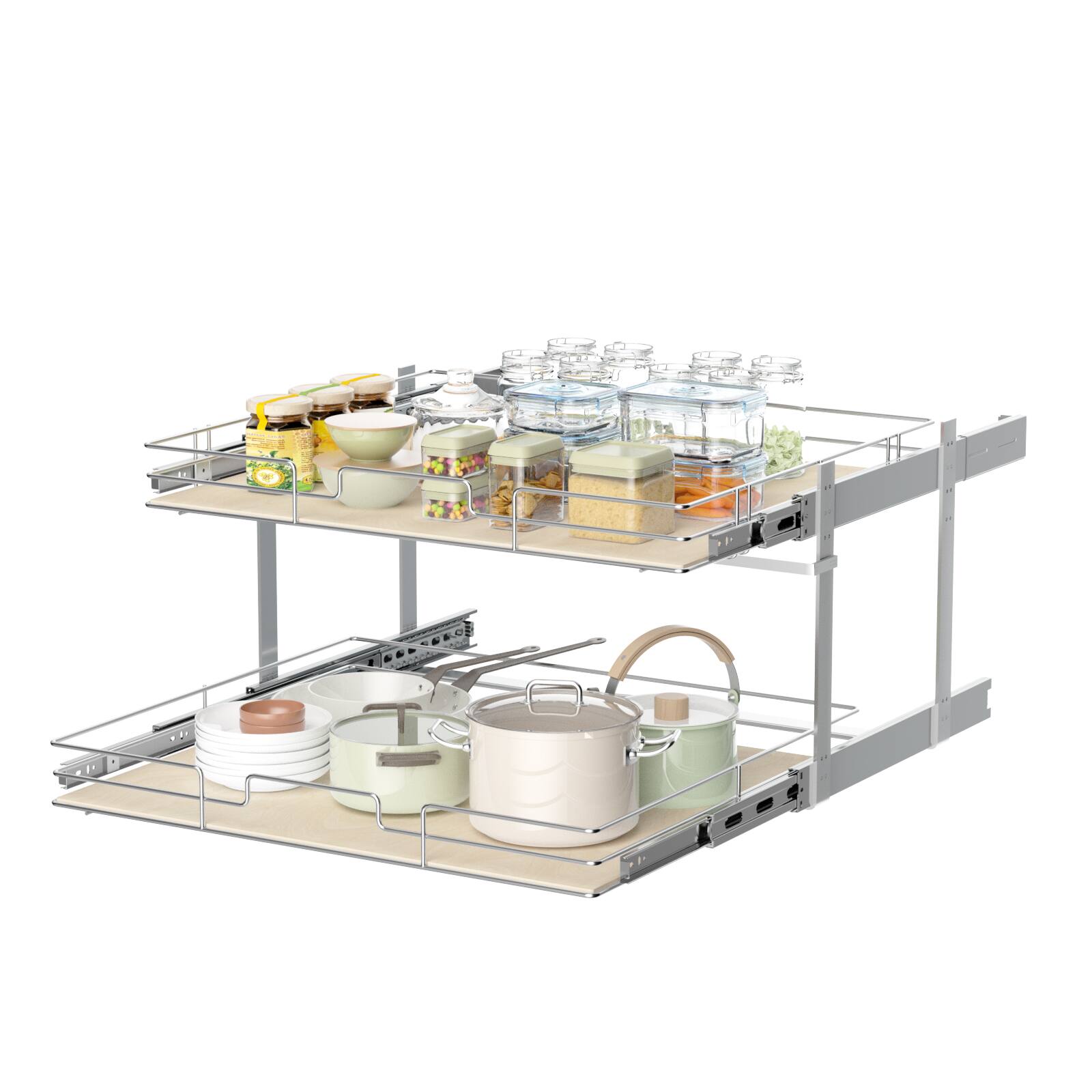 LOVMOR - 2 Tier Individual Pull Out Cabinet Organizer 19½inW x 21½inD Slide Out Wood Shelves Organizers Pull Out Drawers - Silver