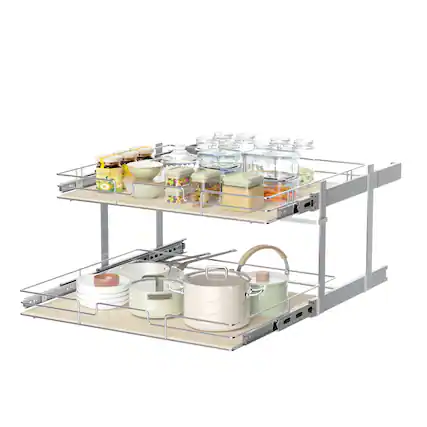 Front. LOVMOR - 2 Tier Individual Pull Out Cabinet Organizer 19½inW x 21½inD Slide Out Wood Shelves Organizers Pull Out Drawers - Silver.