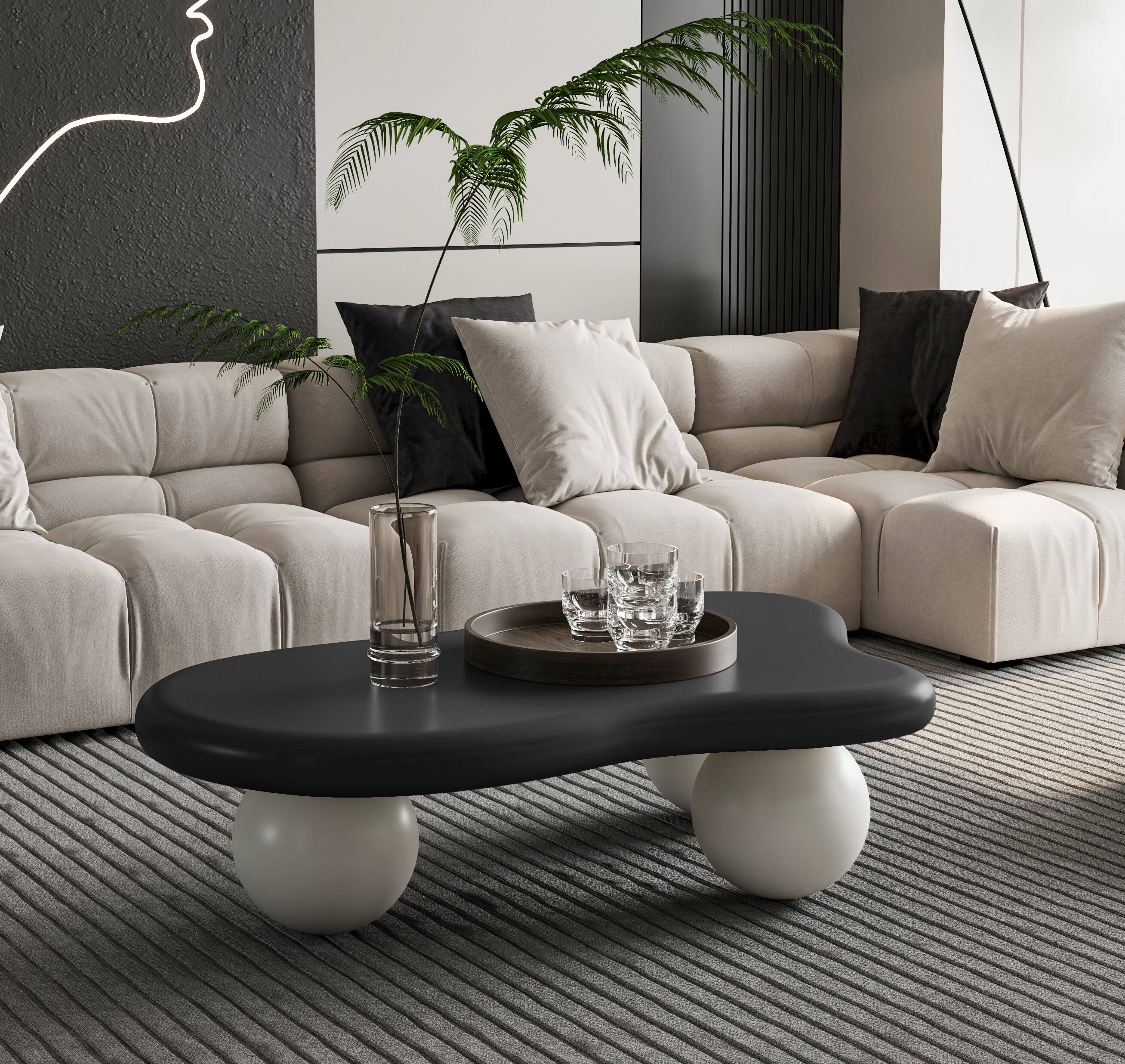 Angle. Loheer - Loheer 40 Inch Cloud Shaped Coffee Table Black Top White Ball Legs Modern Low Profile Living Room Center Table - Black White.