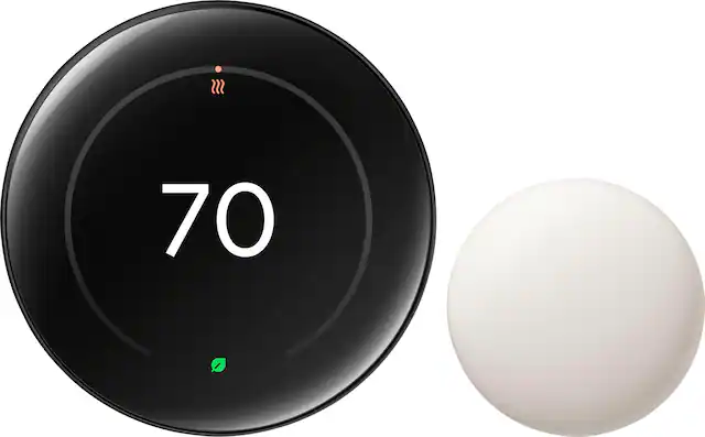 Front. Google - Nest Learning Thermostat (4th gen) with Nest Temperature Sensor (2nd gen) - Polished Obsidian.