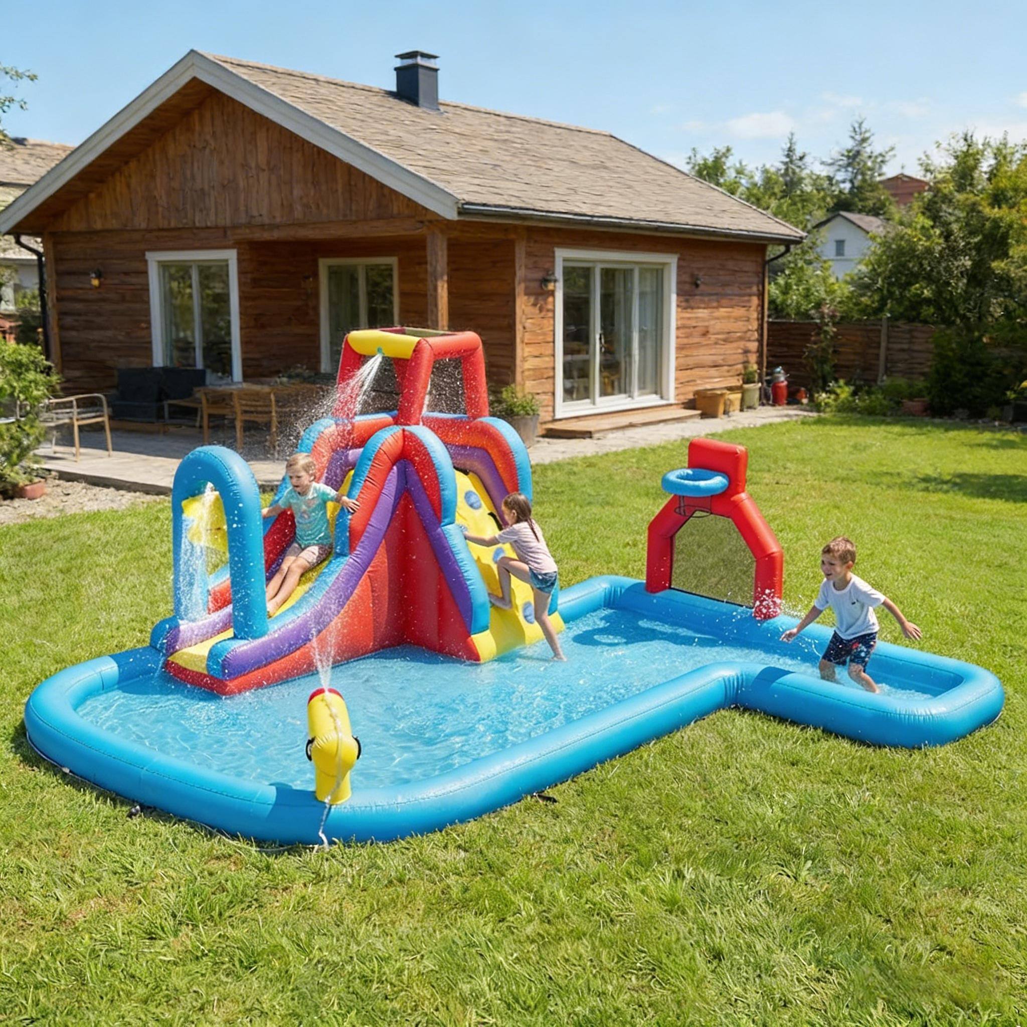 Front. Loheer - Loheer Inflatable Water Park Blow Up Water Slide Bouncy Castle with 480W Blower Kids Backyard Splash Pool 6 in 1.