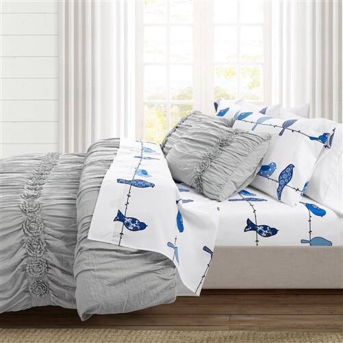 Back. SlickBlue - Floral Birds on Wire 6 Piece Soft Polyester Bed Sheet Set for Bedroom - White, Blue.