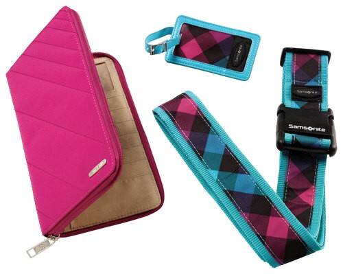Front Standard. Samsonite - Travel Wallet and ID Kit - Teal/Pink Check.