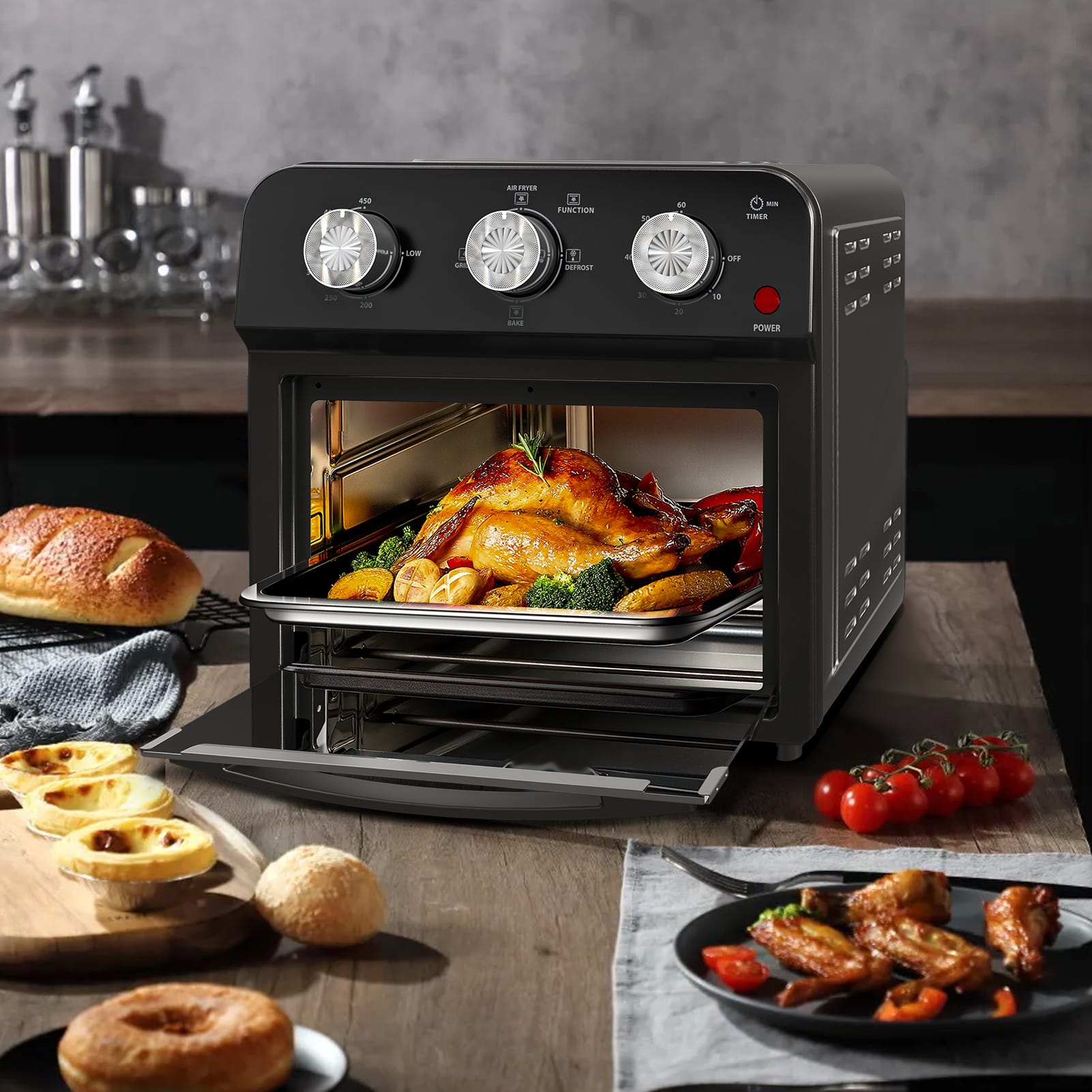 Siljoy - 12.5 QT Air Fryer Convection Toaster Oven, 1500W, 4 Cooking Modes, 7-in-1 Multifunction, Stainless Steel, Friday - Black