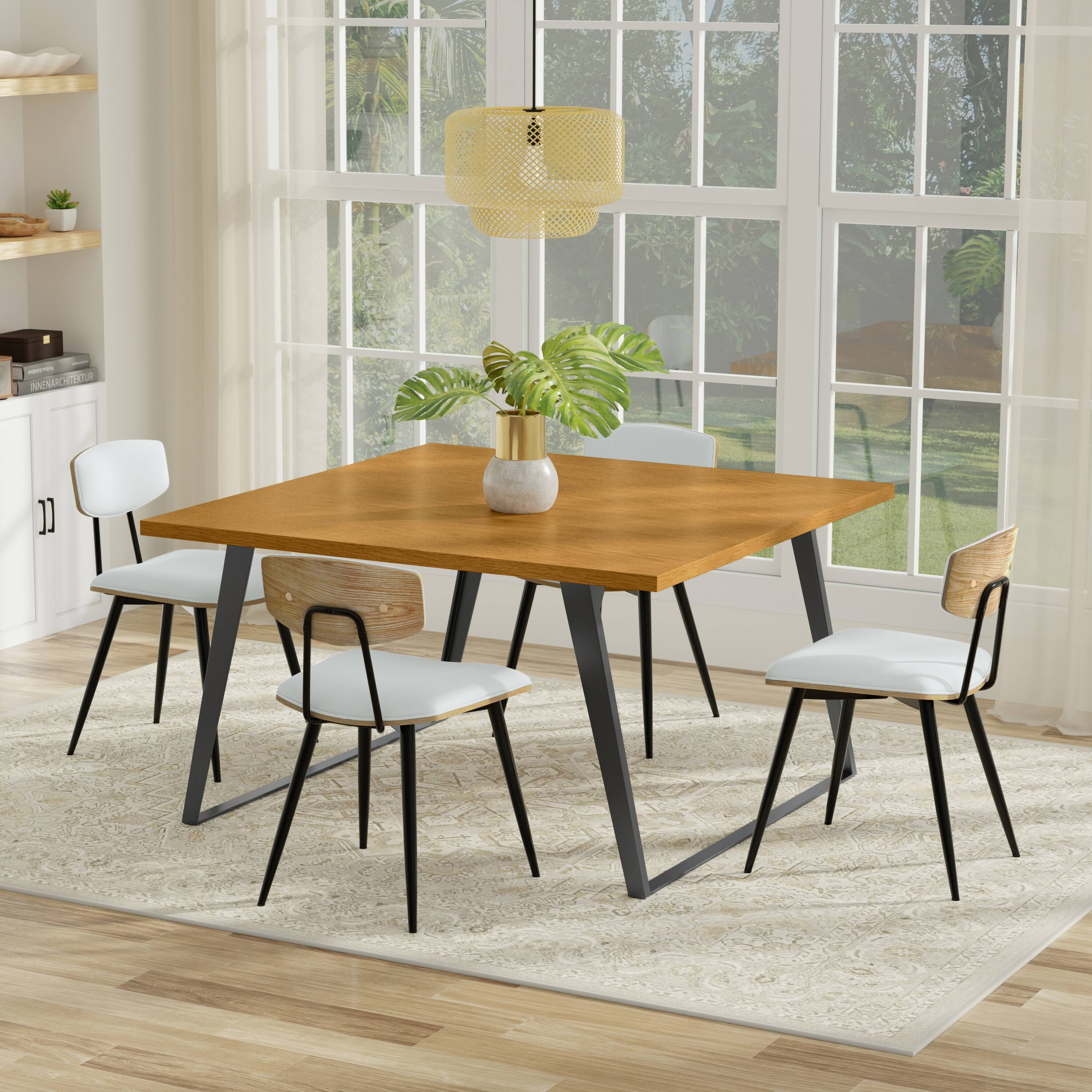 Left. Simpli Home - Lowry 54 inch x 54 inch Square Modern Industrial Square Dining Table in Oak Veneer - Oak Veneer.