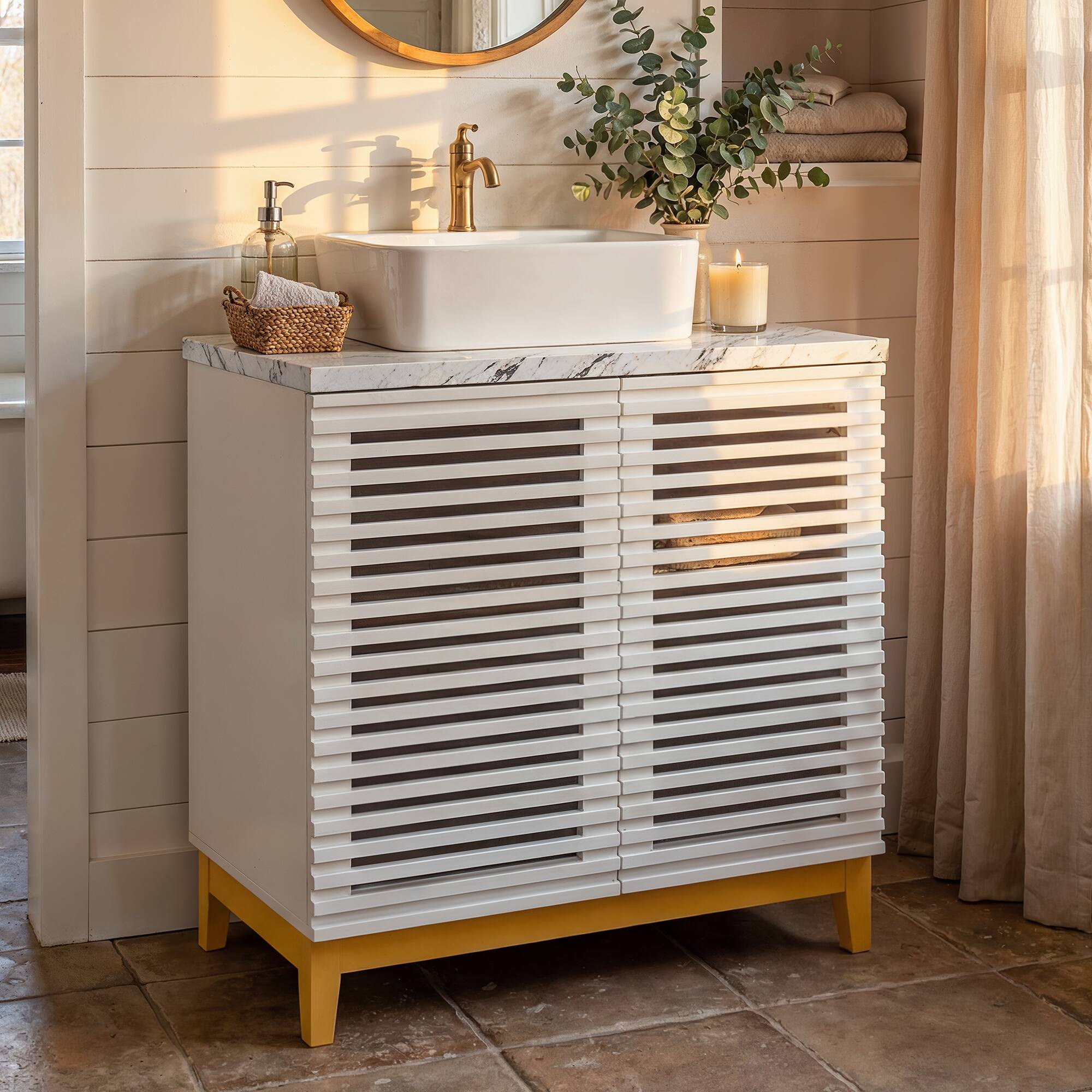 Left. FUFU & GAGA - Bathroom Vanity with Square Ceramic Vessel Sink – 22.2" Louvre Door Cabinet, Solid Wood Legs for Modern Farmhouse - White.