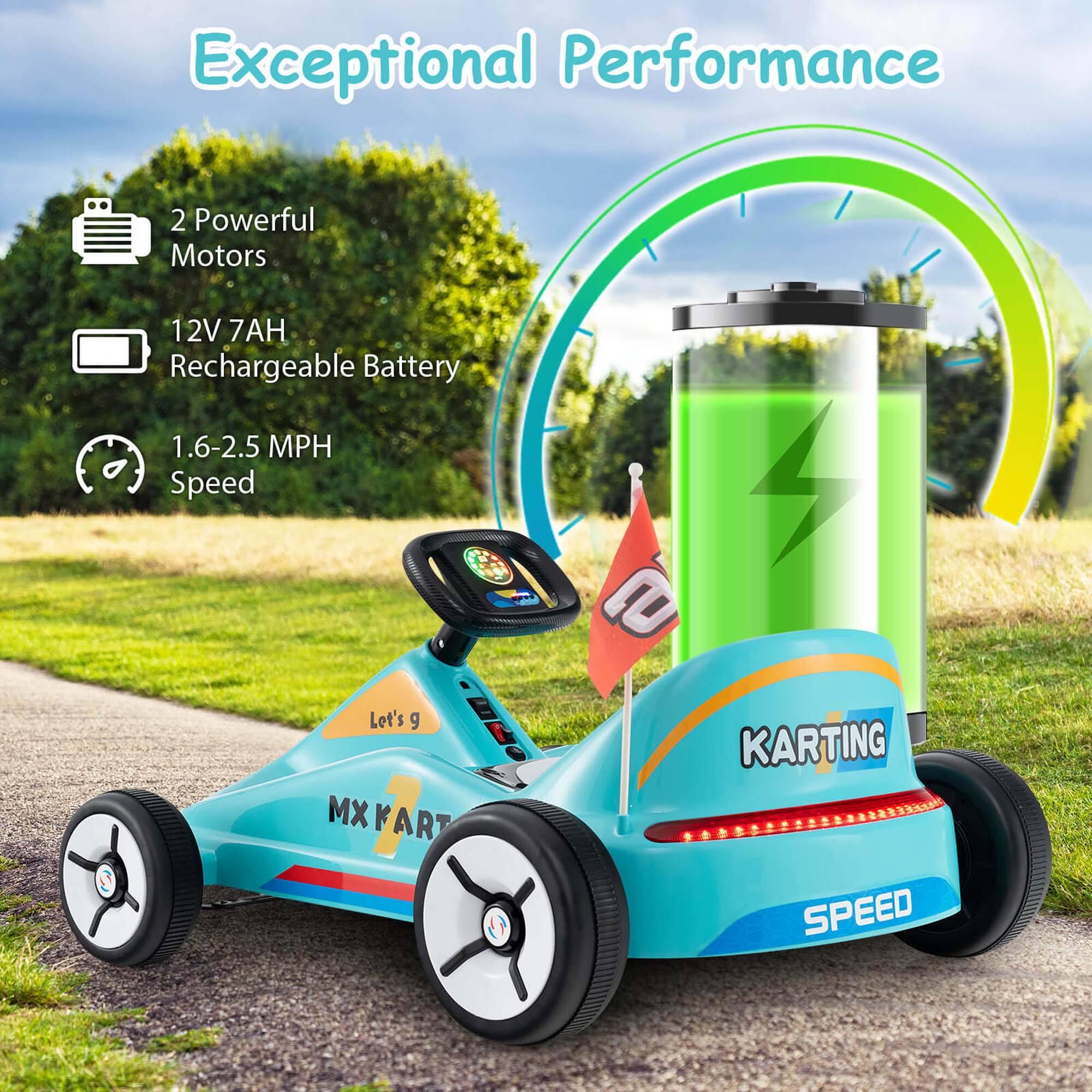 Exceptional Performance

2 Powerful Motors

12V 7AH Rechargeable Battery

1.6-2.5 MPH Speed

Let's g

MX KART

KARTING

SPEED