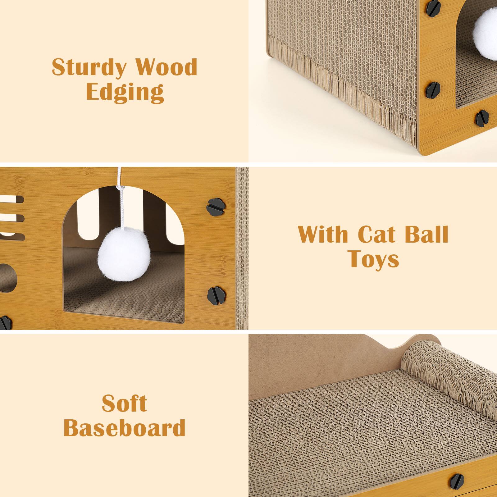 Sturdy Wood Edging  
With Cat Ball Toys  
Soft Baseboard