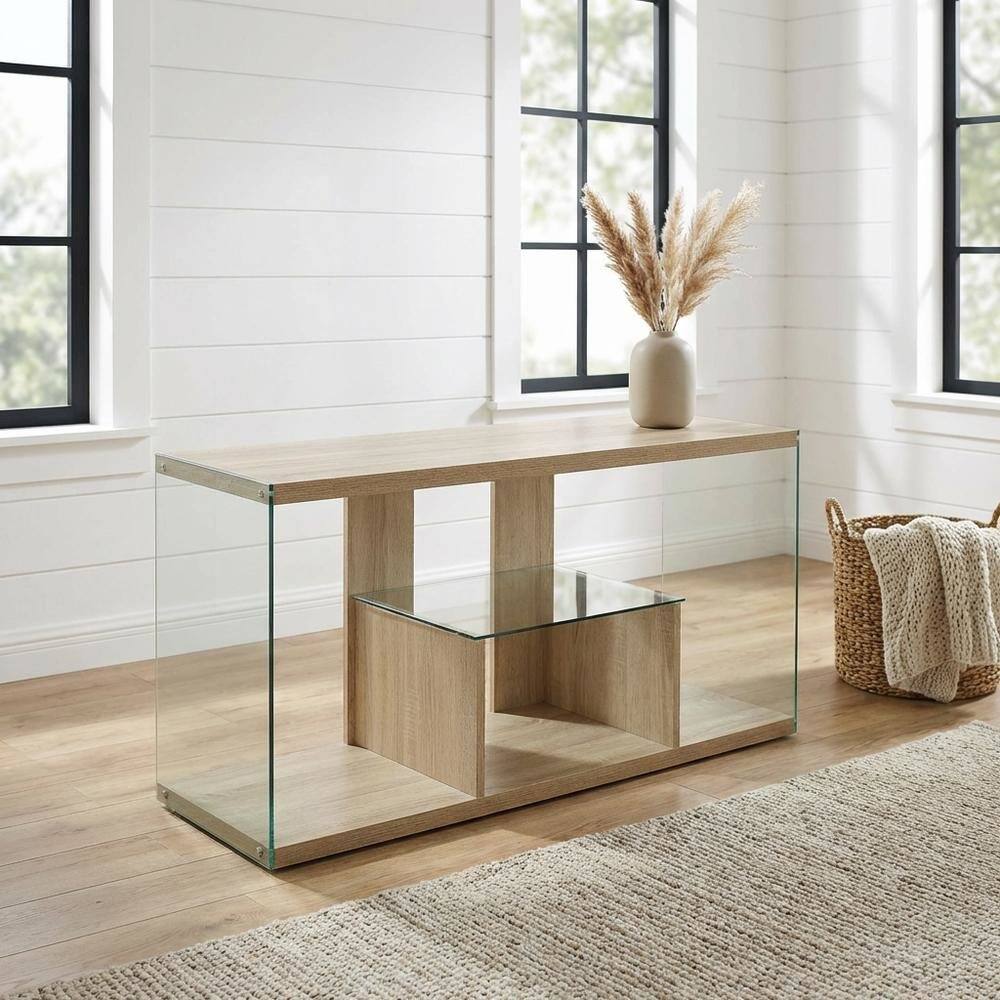 Alt View 1. FurniFact - Weathered White TV Stand with Tempered Glass and Particle Board Surface - White.