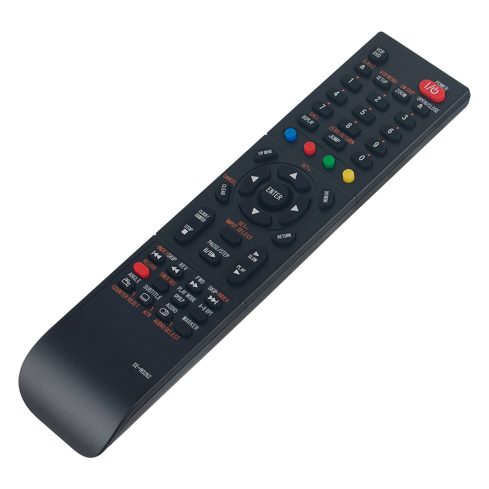 Sure, here is the corrected and grouped text from the image:

---

**Top Menu**

- TOP MEM
- CANCEL
- CLEAR
- ENTER
- ESTMA
- OK
- STOP
- INPUT
- SET
- SELECT
- RETURN

**Number Pad**

- 1
- 2
- 3
- 4
- 5
- 6
- 7
- 8
- 9
- 0
- SET+
- DOWN

**Navigation**

- ENTER
- RETURN
- MENU
- WSOP
- 1/0
- POWER
- 4
- ZOOM
- 2
- 7
- 5
- OPEN/CLOSE
- BSPLAY
- CALL
- 3
- 8
- ZERO
- 6
- JUMP
- RETURN
- 9
- 0
- SET+

**VCR Functions**

- PLAY
- STOP
- PAUSE/STEP
- SLOW
- REWIND
- REV
- PLAY
- ANGLE
- TIRE
- REC
- FRD
- COUNTER
- SUBTITLE
- PLAY
- SKIP
- RESET
- SEISLP
- WODE
- D
- NDEX
- 1
- AUDIO
- A-8
- RPT
- A-8
- ATR
- 9
- AUDIOSELECT
- ALIDIO
- 7
- MARKER
- SE-
- SE-RO262
- DVD
- VOR
- EJECT
- VCR
- 1
- SETUP
- MENU
- WSOP
- 1/0
- POWER
- 4
- ZOOM
- 2
- 7
- 5
- OPEN/CLOSE
- BSPLAY
- CALL
- 3
- 8
- ZERO
- 6
- JUMP
- RETURN
- 9
- 0
- SET+

**Additional Functions**

- INDEXSKIP
- NDE SKIP
- /I
- PAUSE/STEP
- SLOW
- REWIND
- REV
- PLAY
- ANGLE
- TIRE
- REC
- FRD
- COUNTER
- SUBTITLE
- PLAY
- SKIP
- RESET
- SEISLP
- WODE