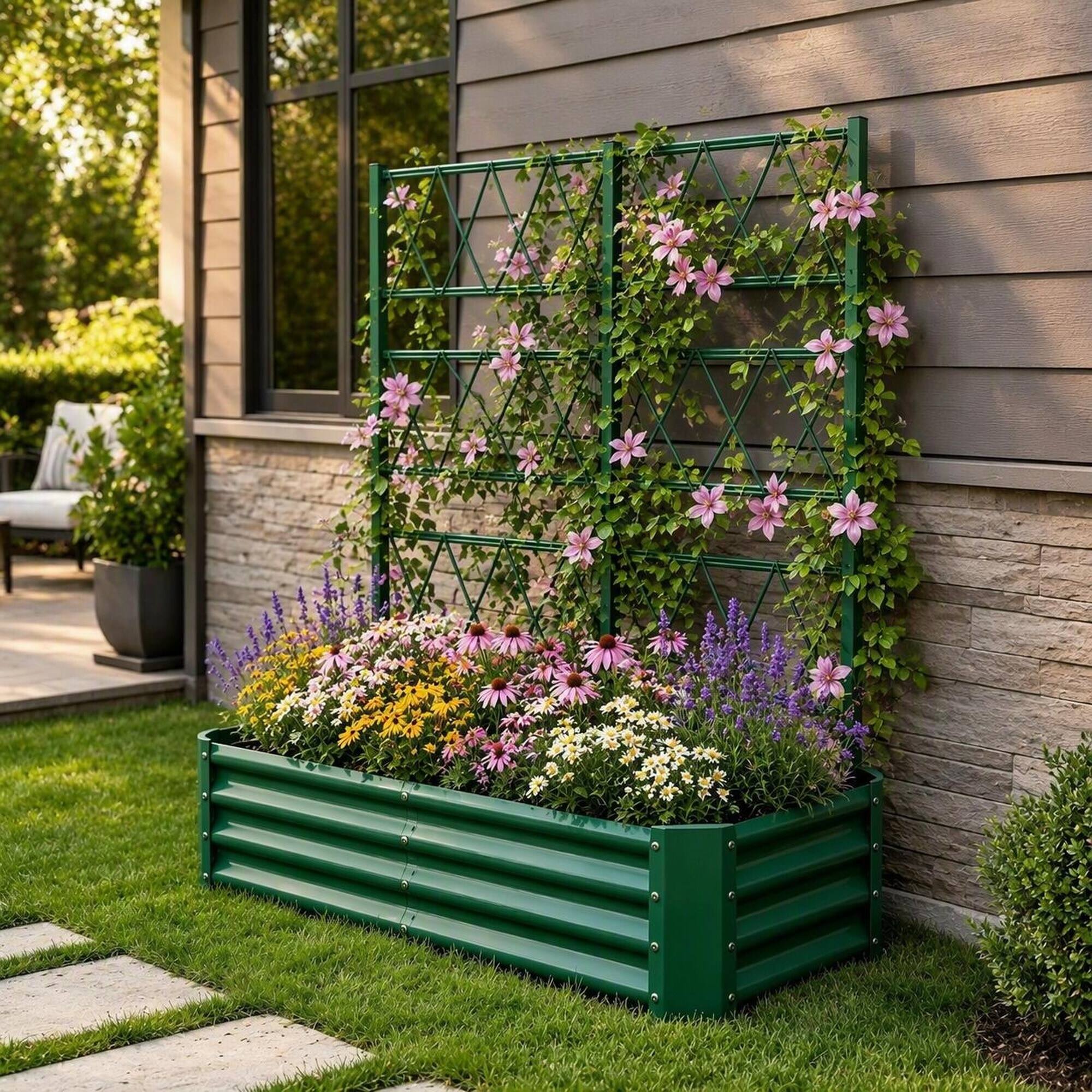 Angle. RYHNUYNE - Galvanized Raised Garden Bed 4x2x1ft with Arch Trellis for Climbing Vegetables, Heavy Duty Metal Planter Box - Green.