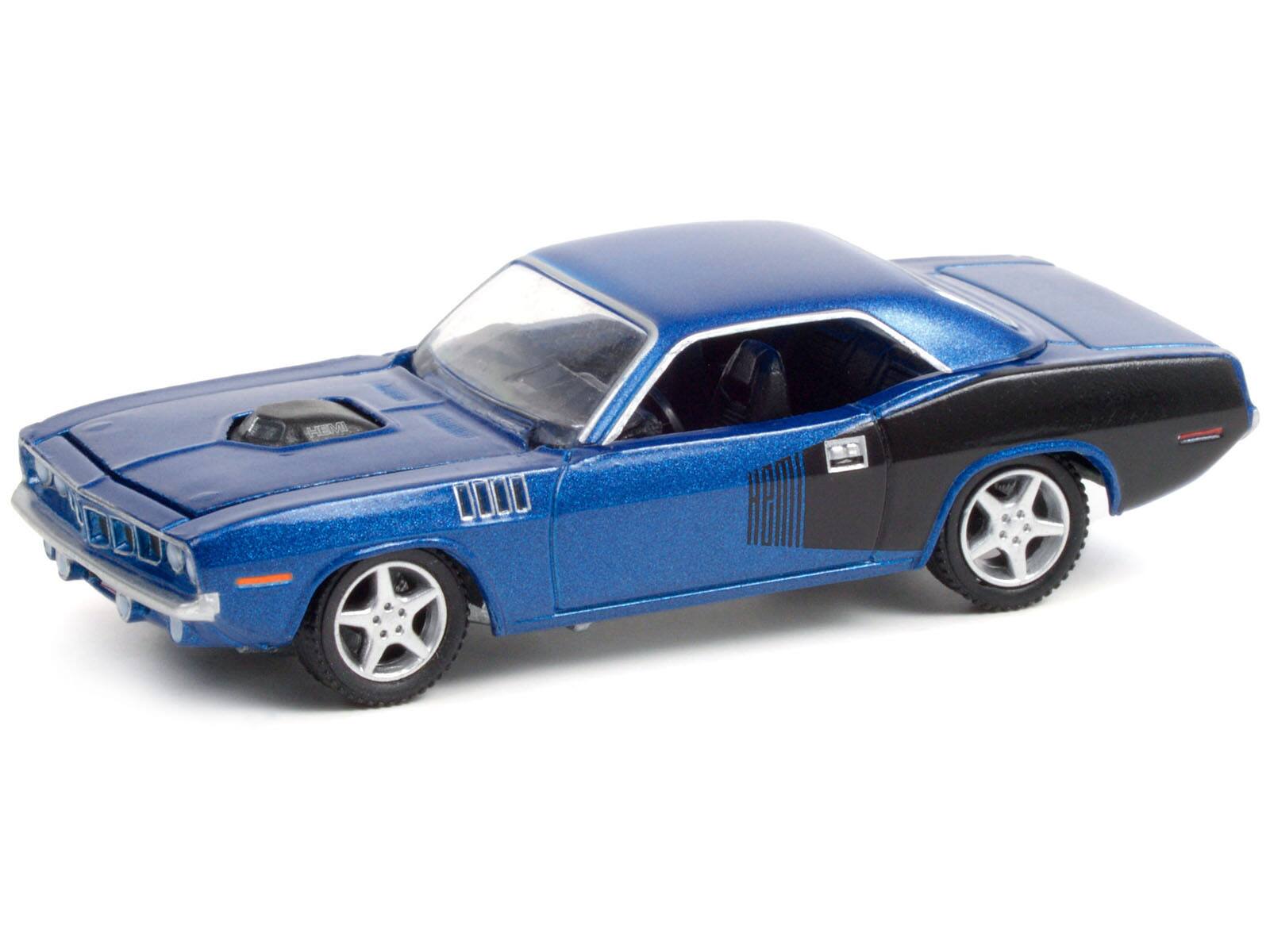 Alt View 1. Greenlight - 1970 Plymouth Barracuda Custom Hardtop Blue Met. & Black w/ Modern HEMI Lettering Barrett Jackson 1/64 Car by Greenlight.