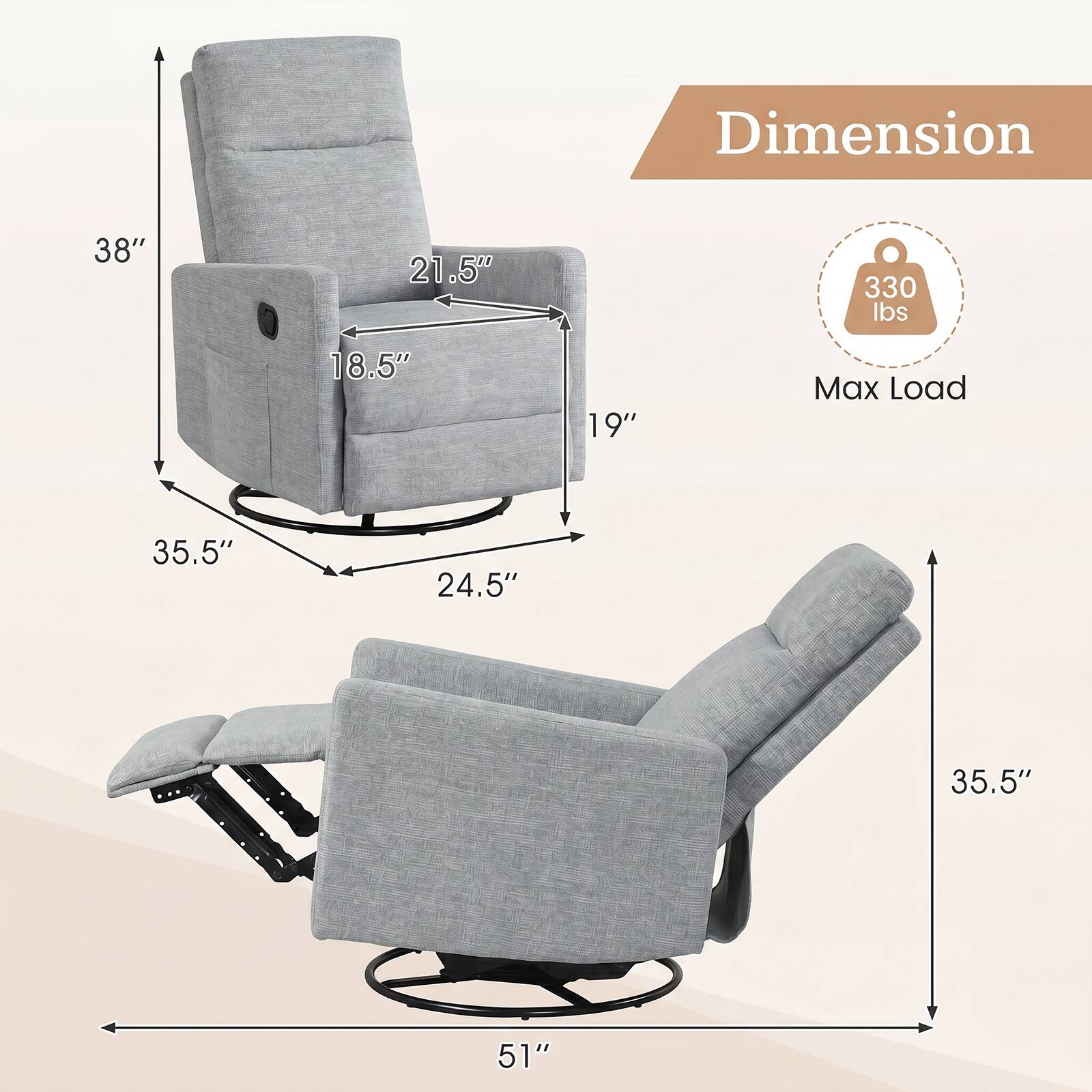 Dimension: 38" x 21.5" x 330 lbs x 18.5" x 19"  
Max Load: 35.5" x 24.5" x 35.5" x 51"