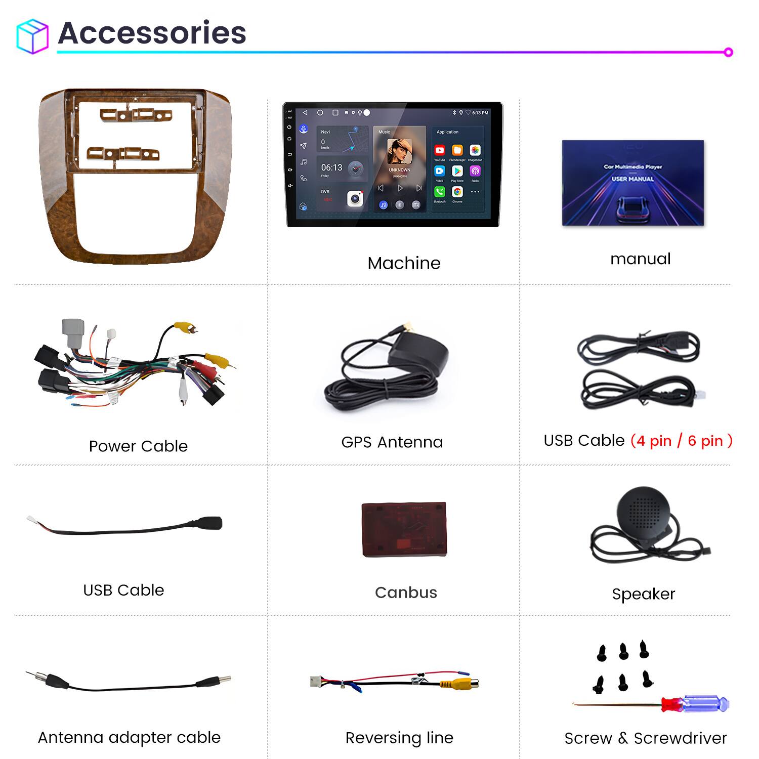 Accessories

- Machine
- Manual
- Power Cable
- GPS Antenna
- USB Cable (4 pin / 6 pin)
- USB Cable
- Canbus
- Speaker
- Antenna adapter cable
- Reversing line
- Screw & Screwdriver
