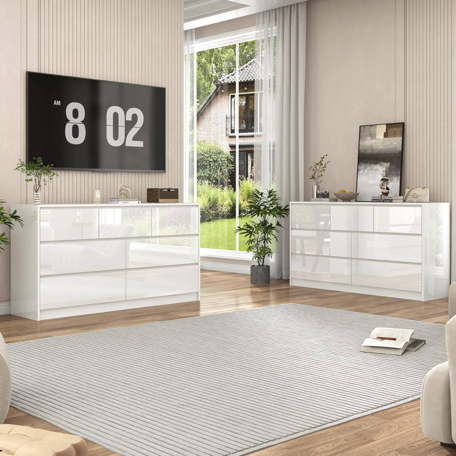 Left. Espafurni - Modern Malm Dresser - 55” Long, 7 Drawers, High Gloss, Handle - Free for Bedroom and More - White.