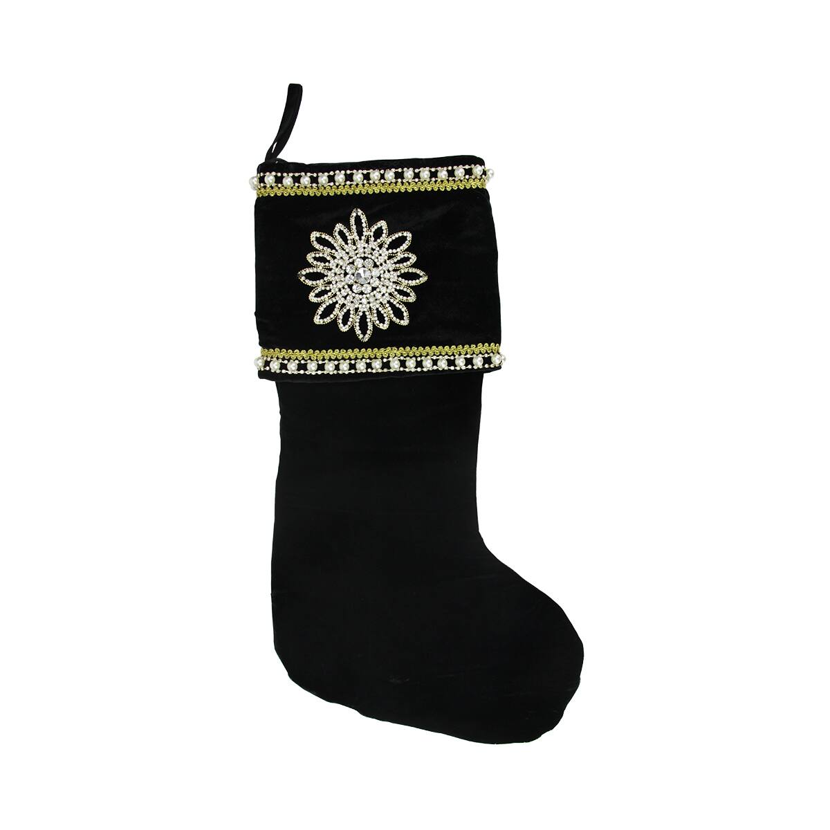 Front. CC Christmas Decor - 22" Black and Gold Trimmed Jewel Christmas Stocking - Black.