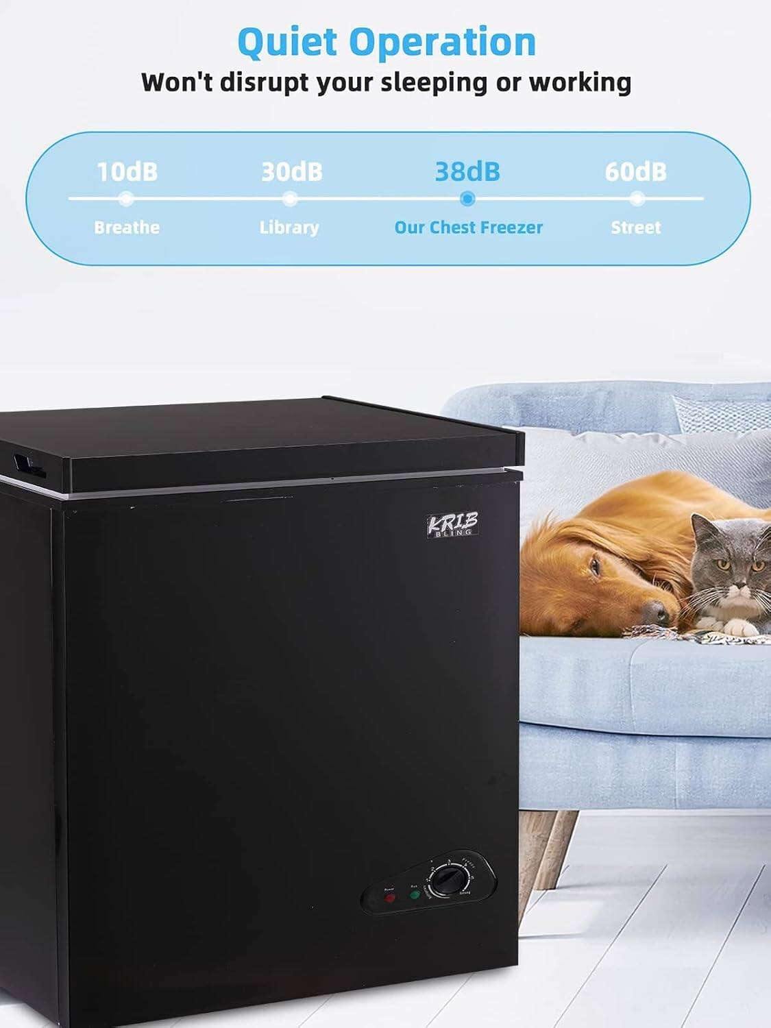 Quiet Operation  
Won't disrupt your sleeping or working  

10dB - Breathe  
30dB - Library  
38dB - Our Chest Freezer  
60dB - Street  

KRIB BLING