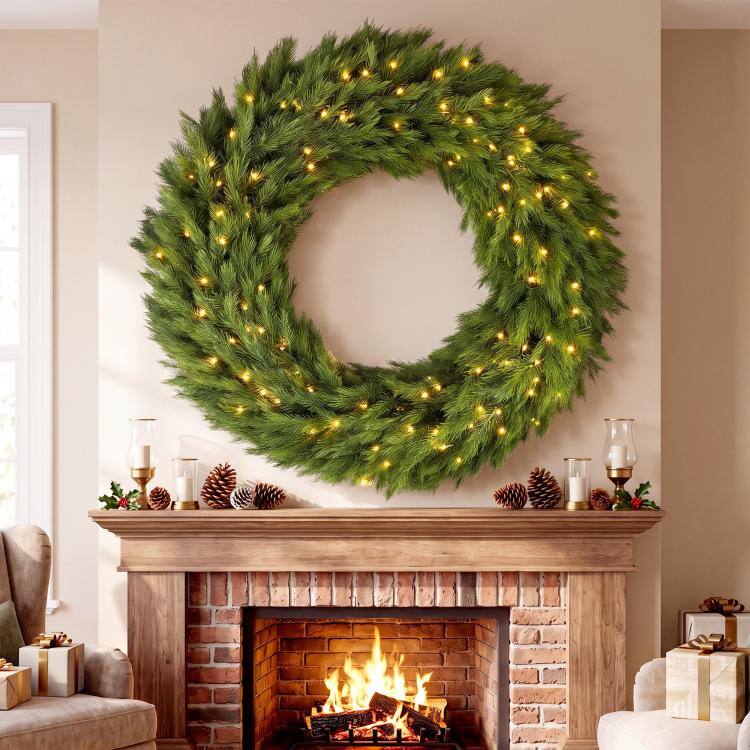 Alt View 1. PULUZ - Christmas Decoration, 48 in Pre-Lit Norwegian Spruce Artificial Christmas Wreath with 150 LED Lights - Green.