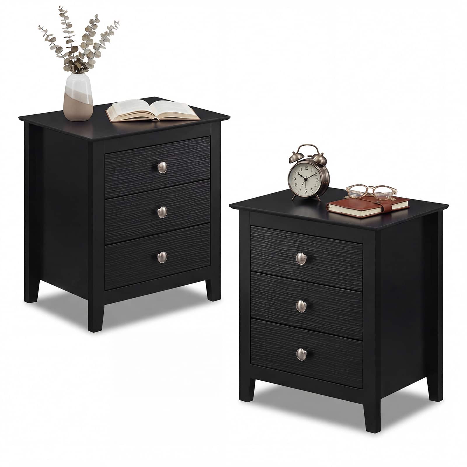 Costway - 2 PCS Nightstand, Farmhouse 3-Drawer Night Stand with Wood Grain Accents Sleek Knobs - Black