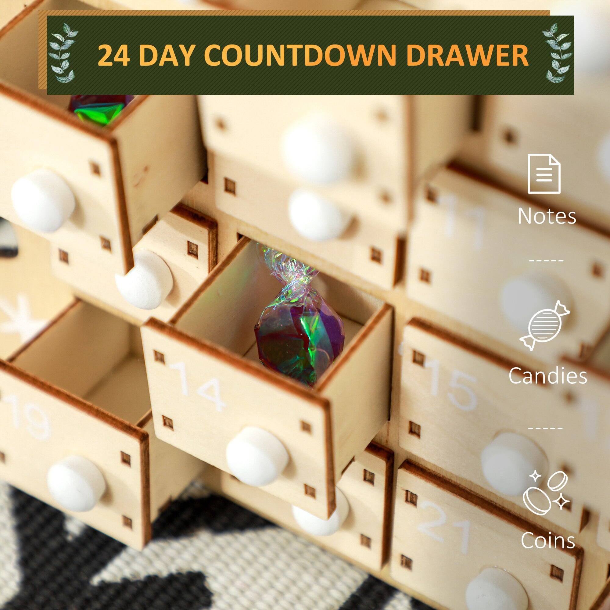 24 DAY COUNTDOWN DRAWER

Notes: 19, 14, 1

Candies: 15

Coins: 21