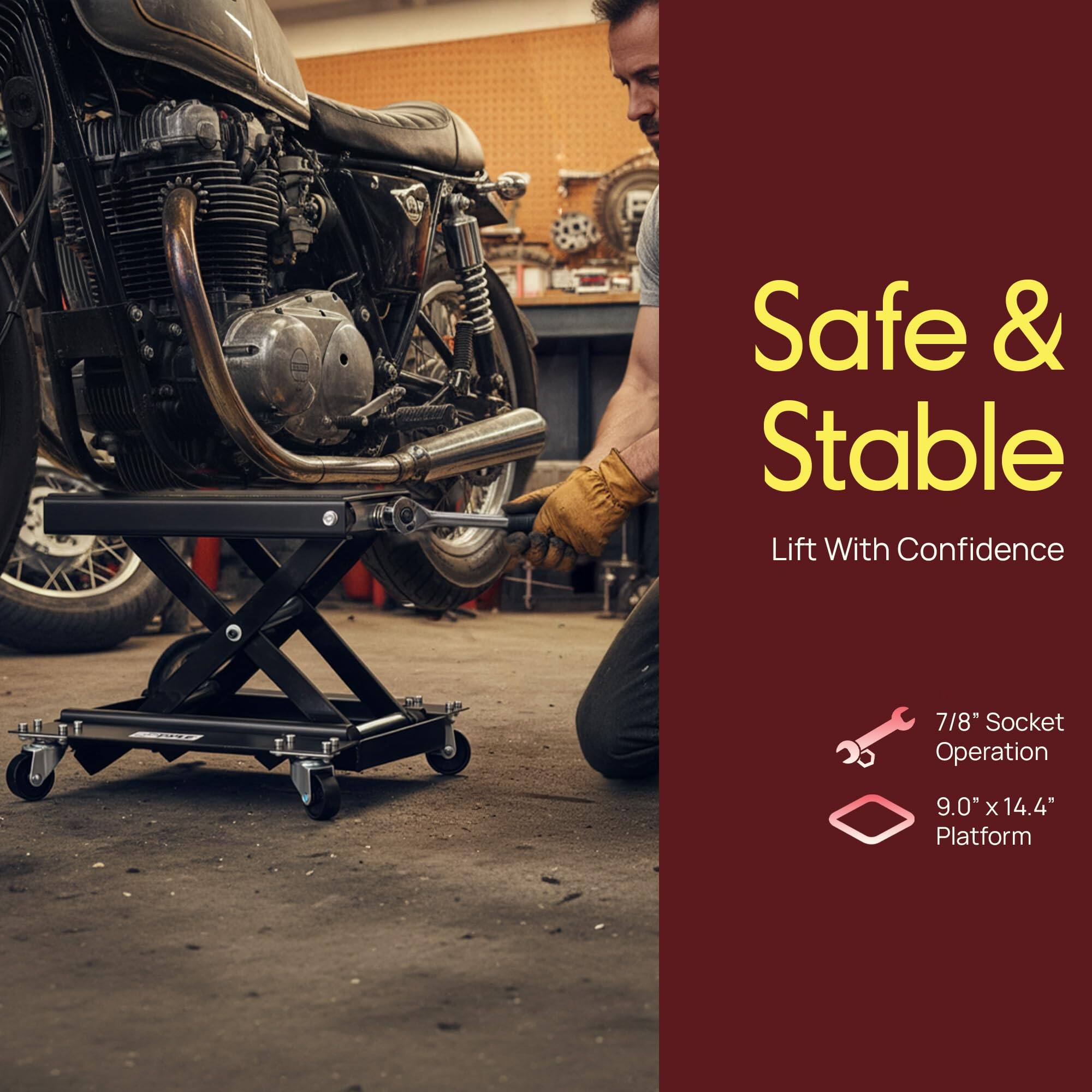 Safe & Stable  
Lift With Confidence  

7/8" Socket Operation  
9.0" x 14.4" Platform