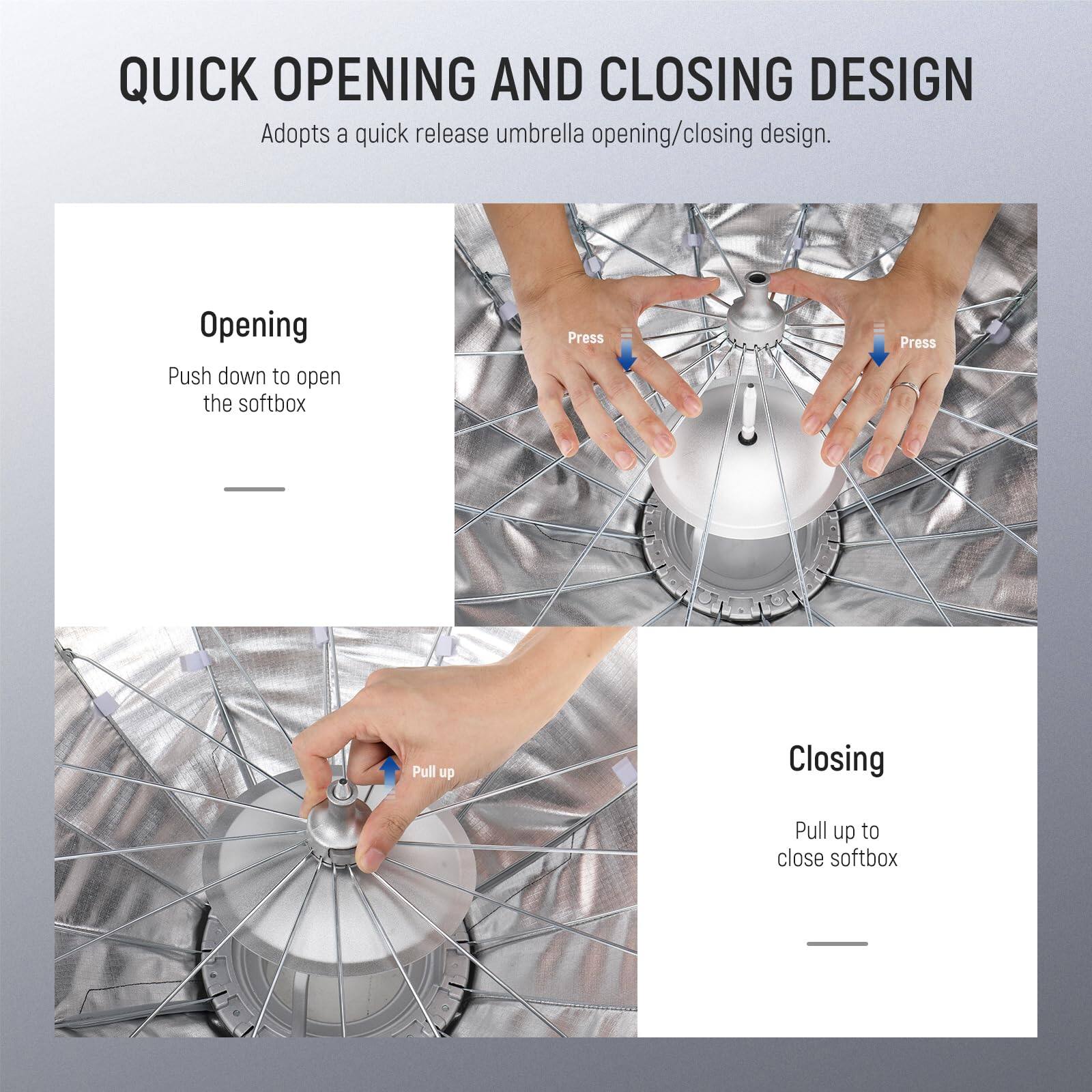 QUICK OPENING AND CLOSING DESIGN  
Adopts a quick release umbrella opening/closing design.

Opening  
Push down to open the softbox

Closing  
Pull up to close softbox
