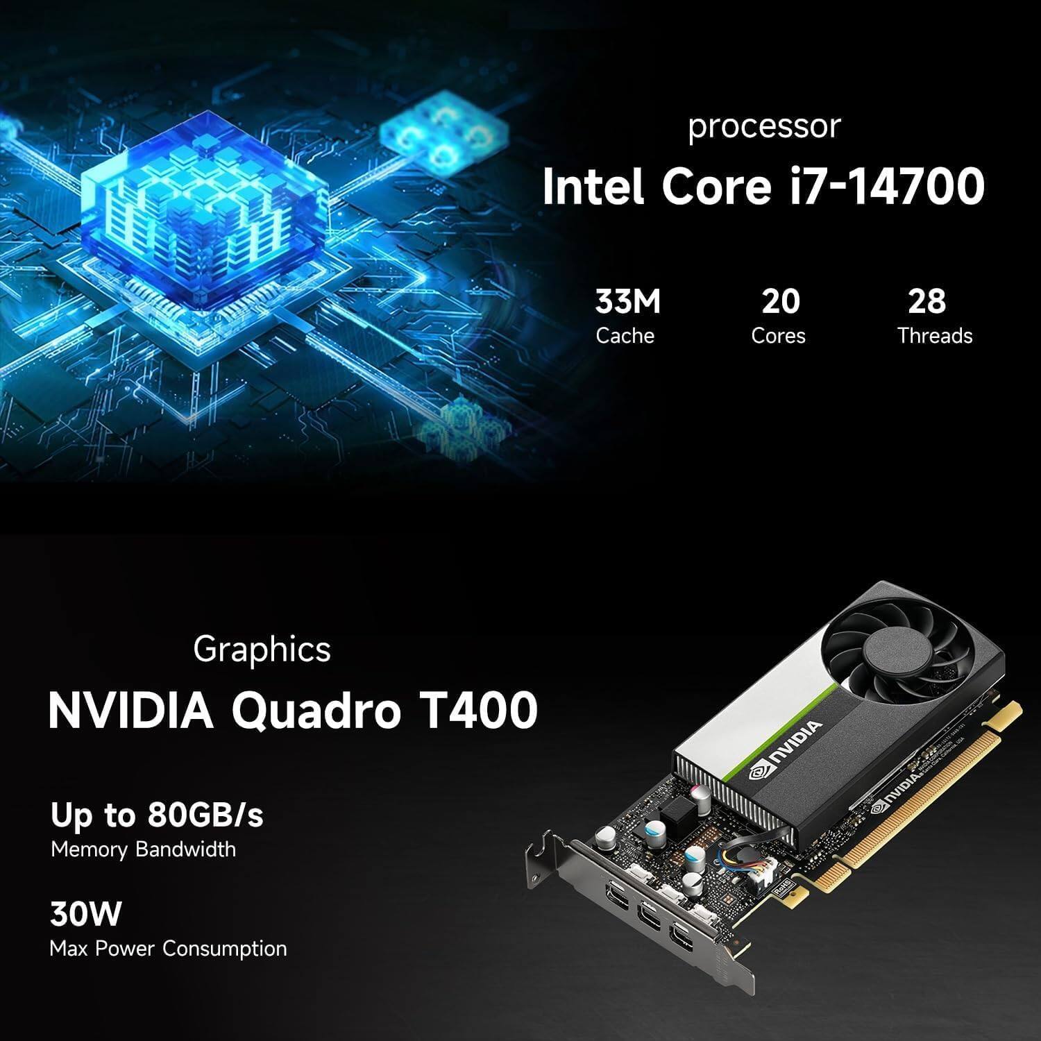 processor  
Intel Core i7-14700  
33M Cache  
20 Cores  
28 Threads  

Graphics  
NVIDIA Quadro T400  
Up to 80GB/s Memory Bandwidth  
30W Max Power Consumption