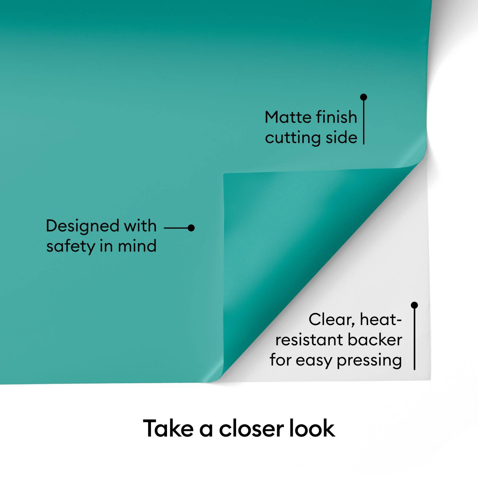 Matte finish cutting side Designed with safety in mind Clear, heat-resistant backer for easy pressing Take a closer look