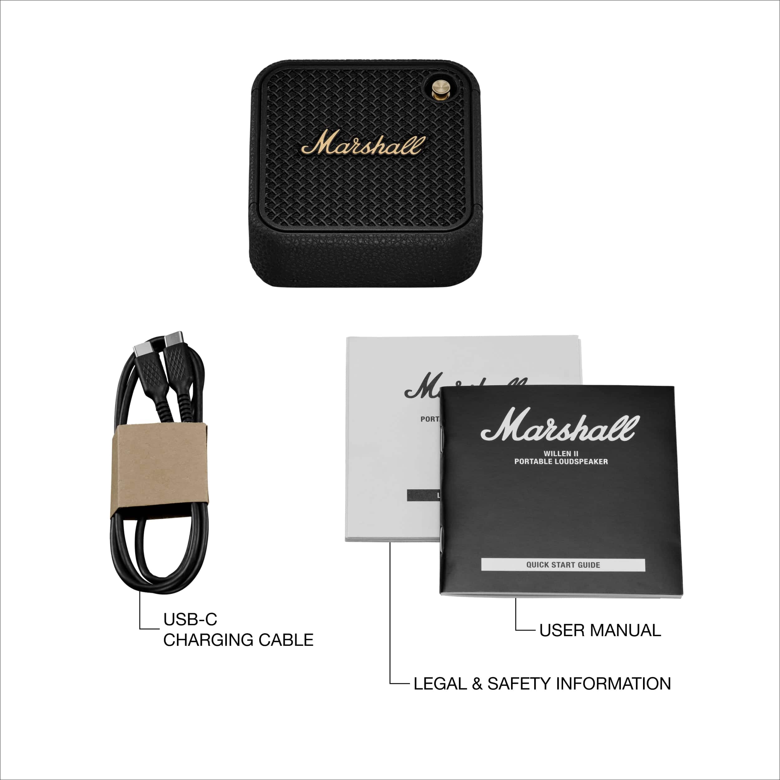 Marshall M Portable Loudspeaker Quick Start Guide USB-C Charging Cable User Manual Legal & Safety Information