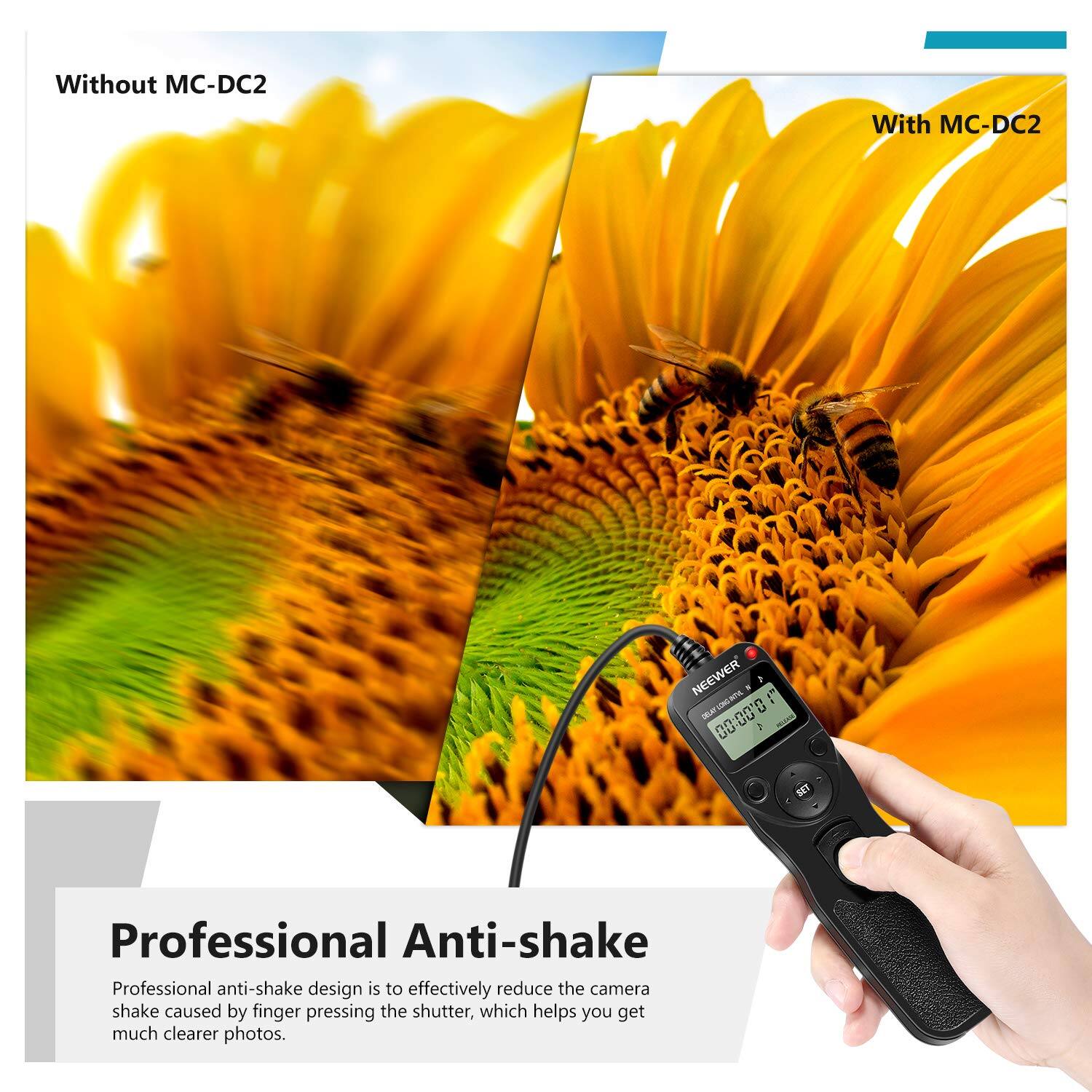 Without MC-DC2  
With MC-DC2  

Professional Anti-shake  

Professional anti-shake design is to effectively reduce the camera shake caused by finger pressing the shutter, which helps you get much clearer photos.