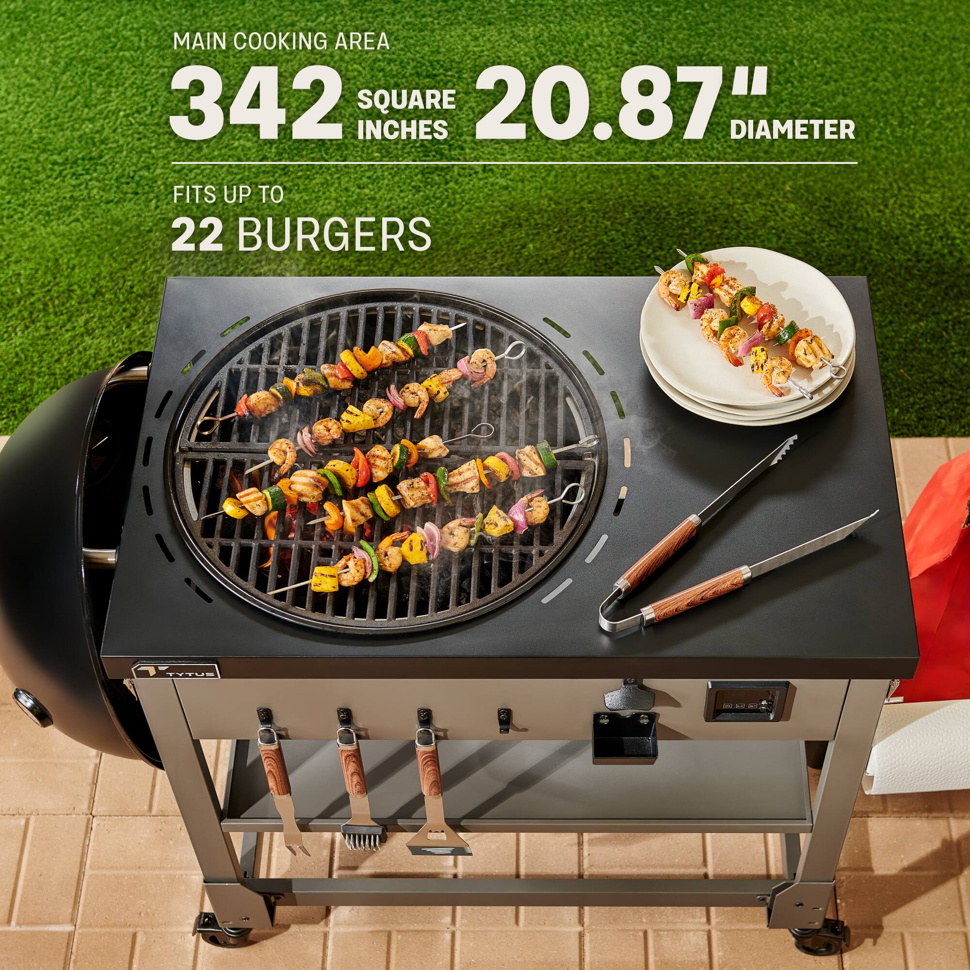 The main cooking area of the grill is 342 square inches with a diameter of 20.87 inches. It can accommodate up to 22 burgers.