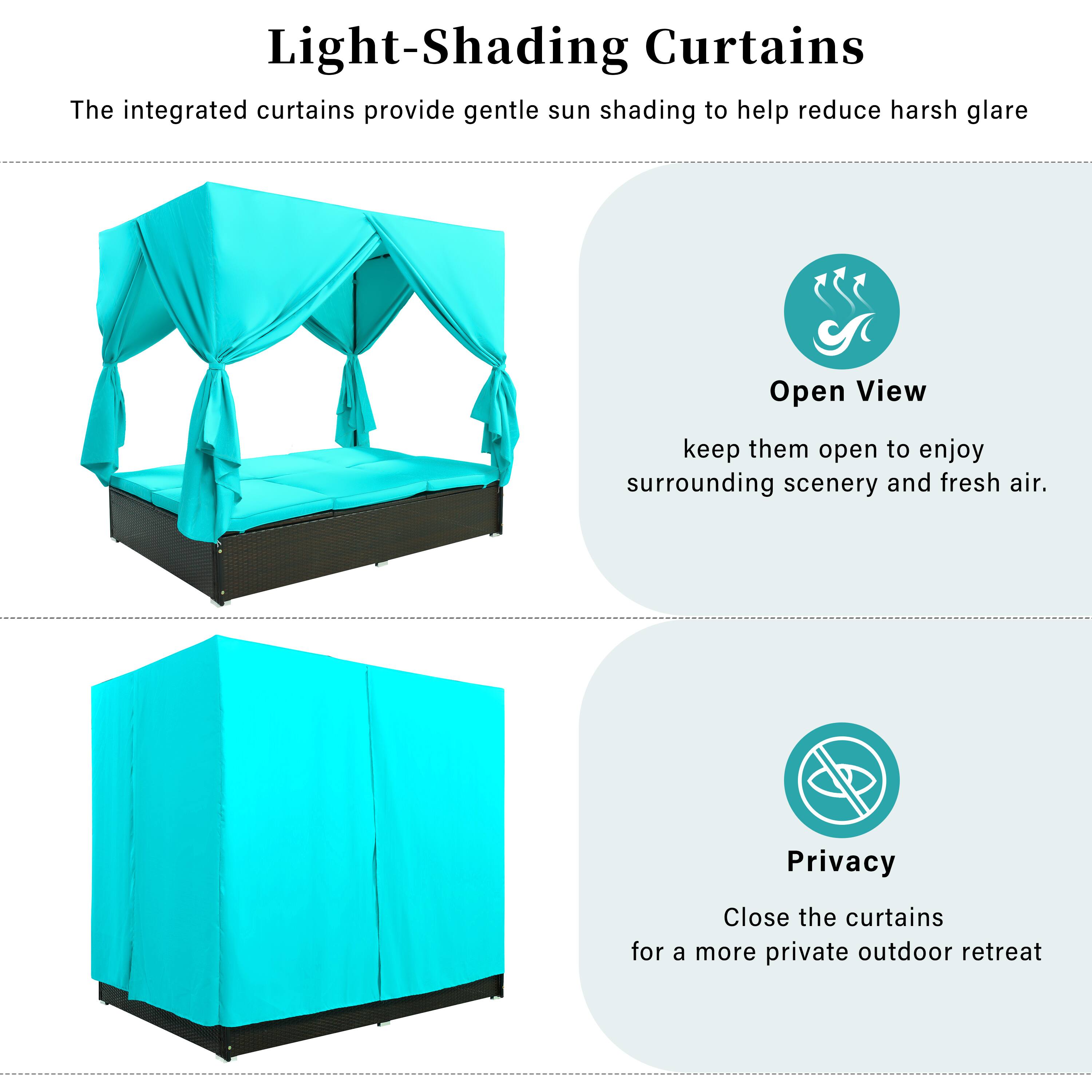 Light-Shading Curtains

The integrated curtains provide gentle sun shading to help reduce harsh glare

Open View
keep them open to enjoy surrounding scenery and fresh air.

Privacy
Close the curtains for a more private outdoor retreat