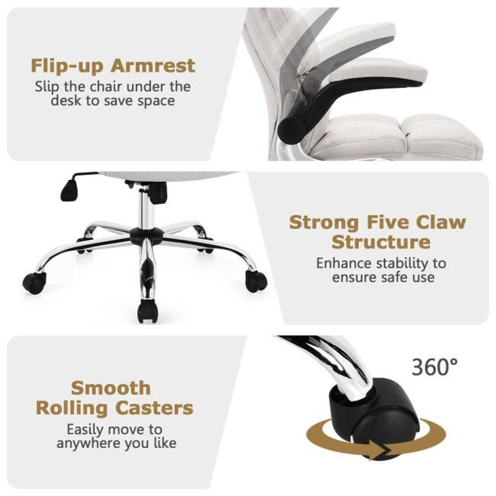 Flip-up Armrest  
Slip the chair under the desk to save space  

Strong Five Claw Structure  
Enhance stability to ensure safe use  

Smooth Rolling Casters  
Easily move to anywhere you like  

360°