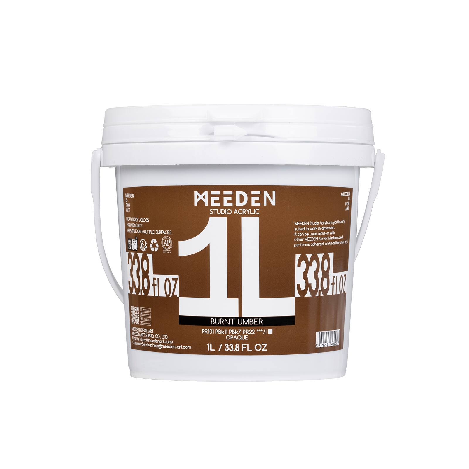 MEEDEN Studio Acrylic paint is suitable to work in dimension on multiple surfaces with a high gloss finish. It can be used alone or with other MEEDEN acrylic mediums and other mediums and indelible colors. The product is opaque and performs excellent for art. The container size is 1L / 33.8 FL OZ. The color is Burnt Umber (PBk7 PR22). The product is manufactured by MEEDEN ART SUPPLY CO. LTD. For more information, visit https://meedenart.com/ or contact service at 57754409999999 or help@meeden-art.com.