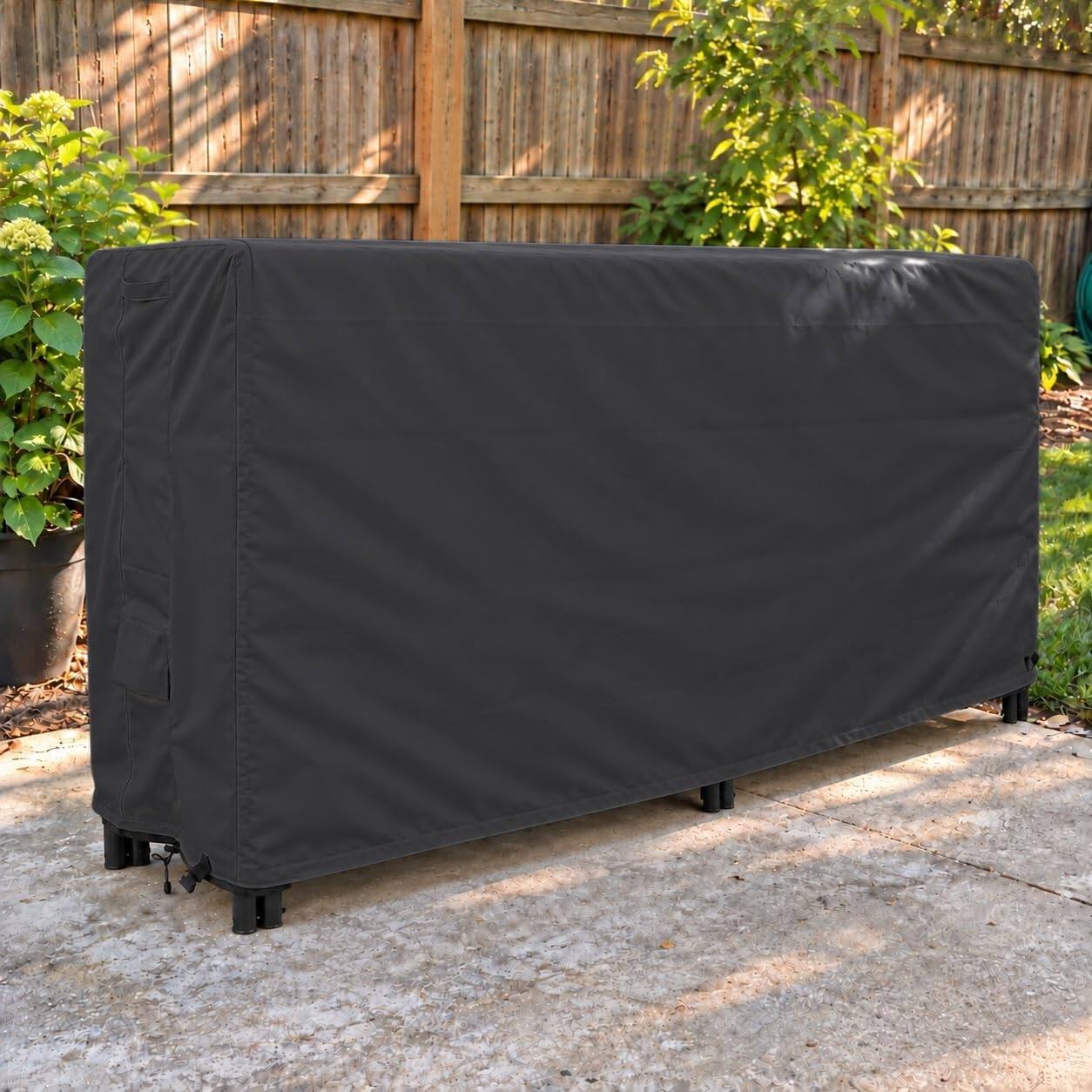 Angle. KHOMO GEAR - Firewood Rack Cover 8ft Waterproof, Outdoor Log Rack Cover with Easy-Load Front Flap and Air Vents - 96"L x 24"W x 42"H - Black.