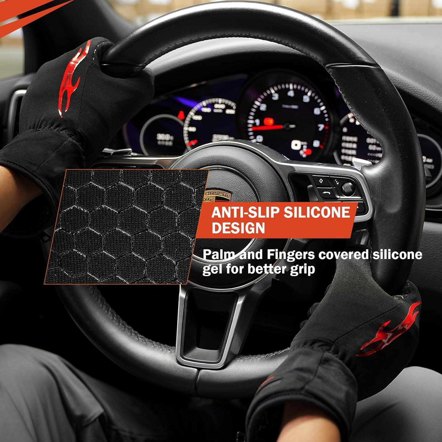 ANTI-SLIP SILICONE DESIGN  
Palm and Fingers covered silicone gel for better grip