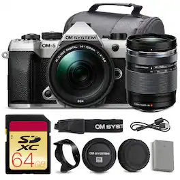 OM System - OM-5 Mark II Mirrorless Camera w/ 14-150mm f/4-5.6 II Lens + 64GB Card + Bag - Silver Starter Bundle