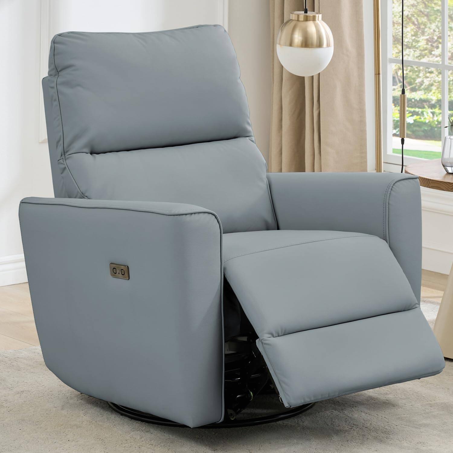 Front. Homhougo - Power Recliner Chair Swivel Rocking Glider PU Leather Upholstered Glider Recliner Nursery Chair - Gray.