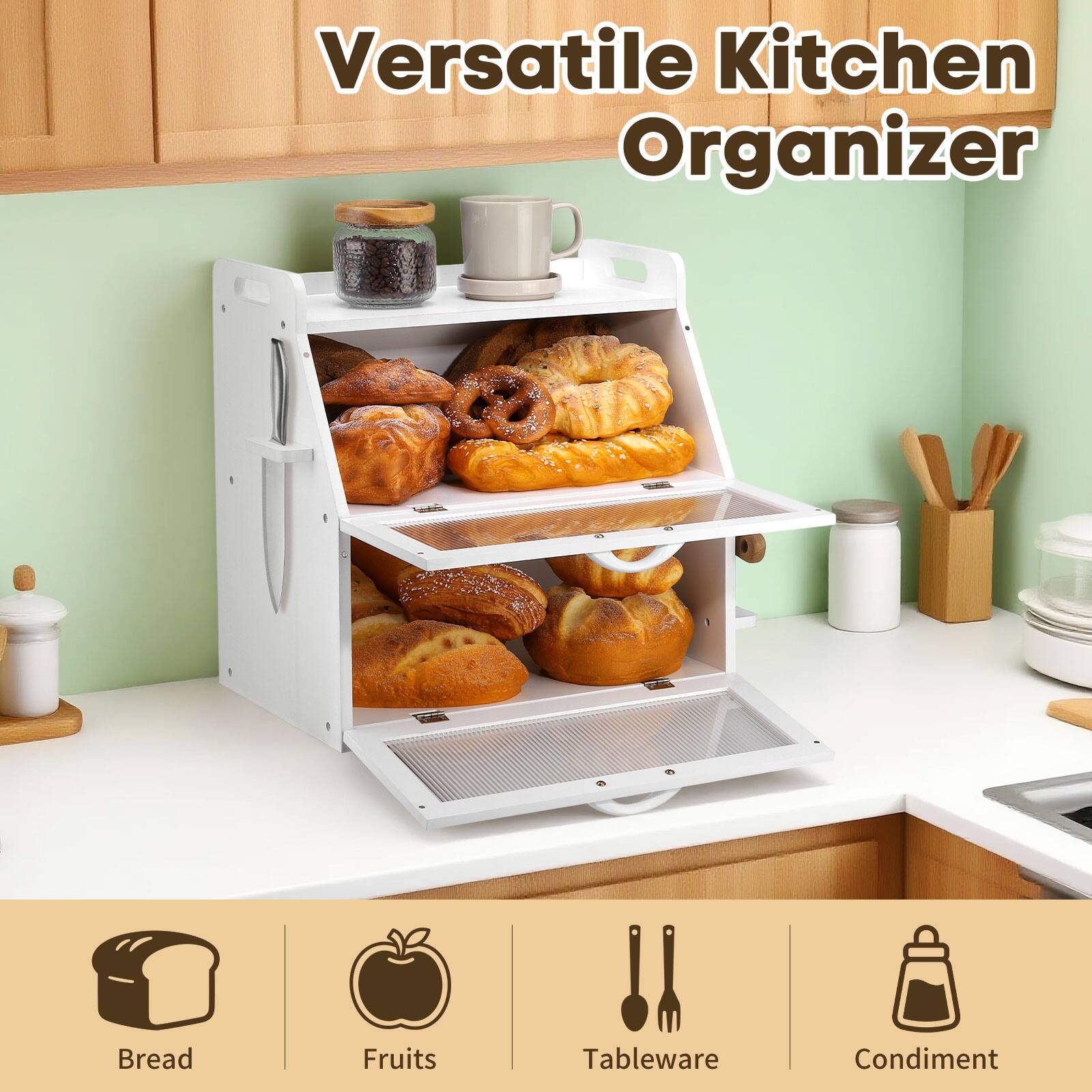 Versatile Kitchen Organizer

- Bread
- Fruits
- Tableware
- Condiment