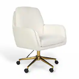 Martha Stewart - Clara Upholstered Swivel Home Office Chair with Double Cushions - Off White Boucle/Polished Brass Frame