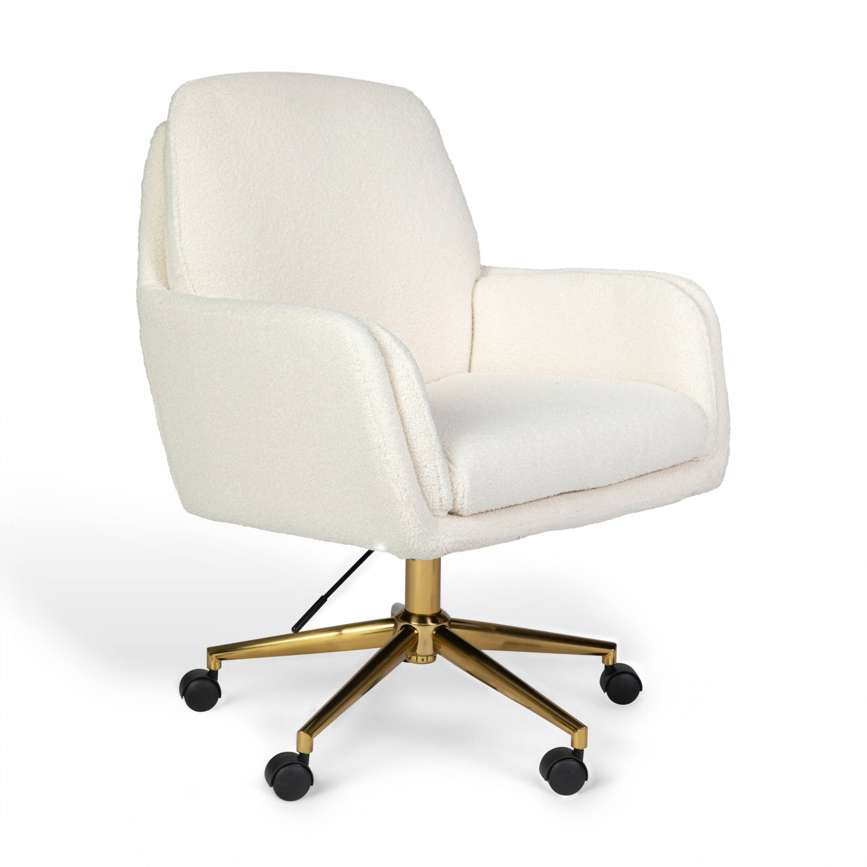 Front. Martha Stewart - Clara Upholstered Swivel Home Office Chair with Double Cushions - Off White Boucle/Polished Brass Frame.