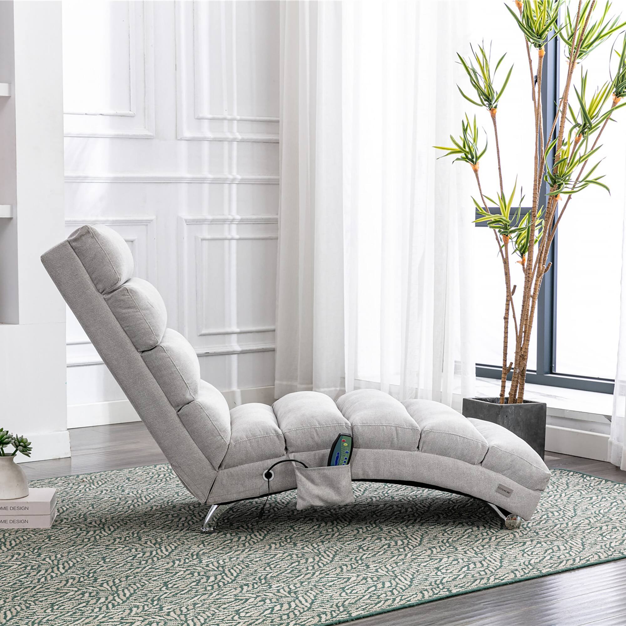 Left. Trinkets Crazed - Linen Massage Chaise Lounge Indoor with Remote Control,Ergonomic Electric Massage Long Lounger with 5 Modes - Light Grey.