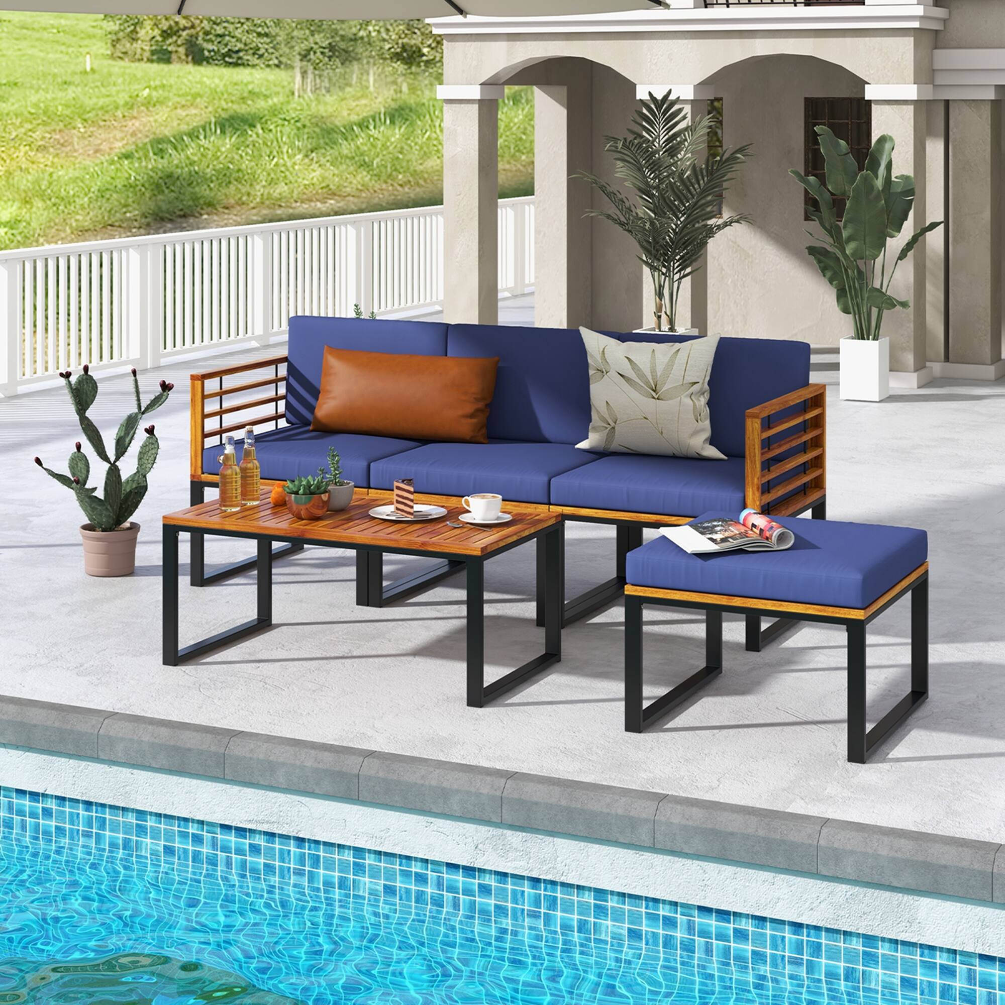 Alt View 1. Costway - Costway 5 Piece Patio Chair Set, Acacia Wood Chair Set with Ottoman & Coffee Table - Navy.