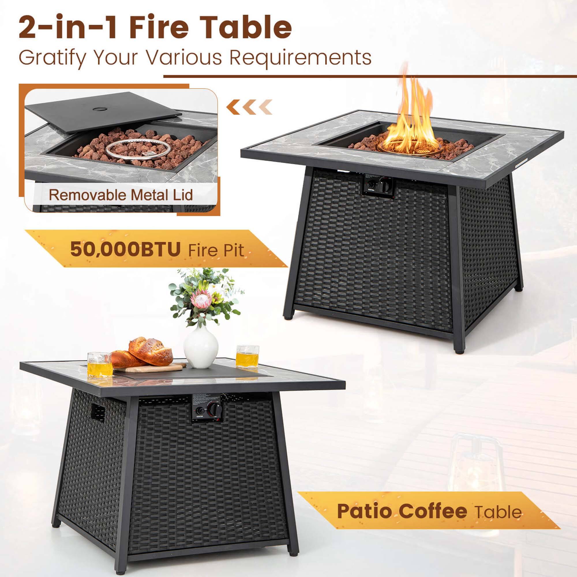 The text on the image is grouped as follows:

1. 2-in-1 Fire Table: Gratify Your Various Requirements
2. Removable Metal Lid
3. 50,000BTU Fire Pit
4. Patio Coffee Table